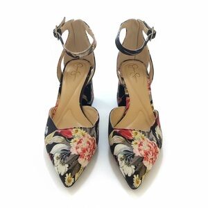 Jessica Simpson Floral Block Heel Pumps Size 7 Ankle Strap Pointed Toe